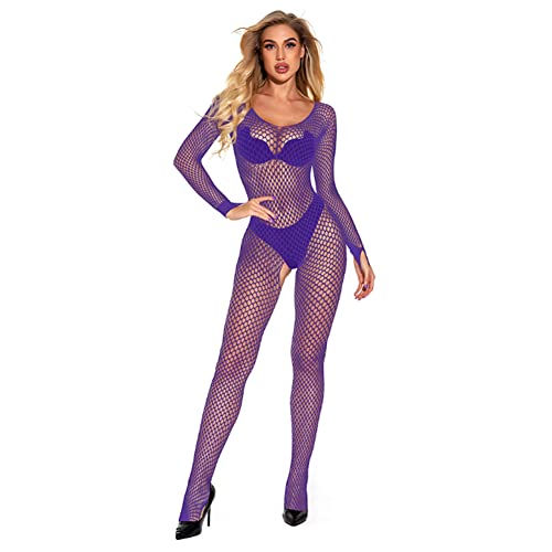 Damen Spitzen Bodysuit Einteiler Jumpsuit Overall Durchsichtig Netz-Bodysuit Sexy Body Erotik Reizwäsche Sexy Unterwäsche Catsuit Sexy Kostüm Transparent Netz Body Dessous (Lila,Einheitsgröße) von Jungerhouse