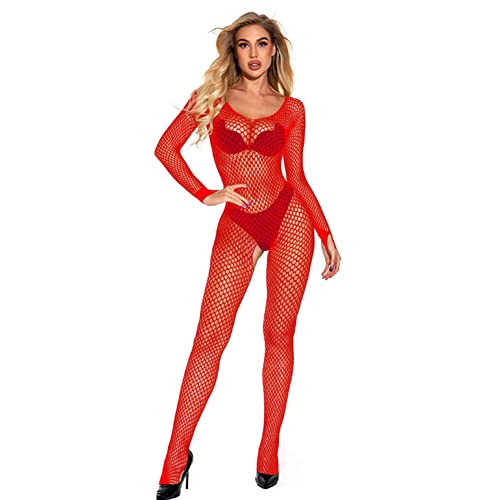 Damen Spitzen Bodysuit Einteiler Jumpsuit Overall Durchsichtig Netz-Bodysuit Sexy Body Erotik Reizwäsche Sexy Unterwäsche Catsuit Sexy Kostüm Transparent Netz Body Dessous (Rot,Einheitsgröße) von Jungerhouse