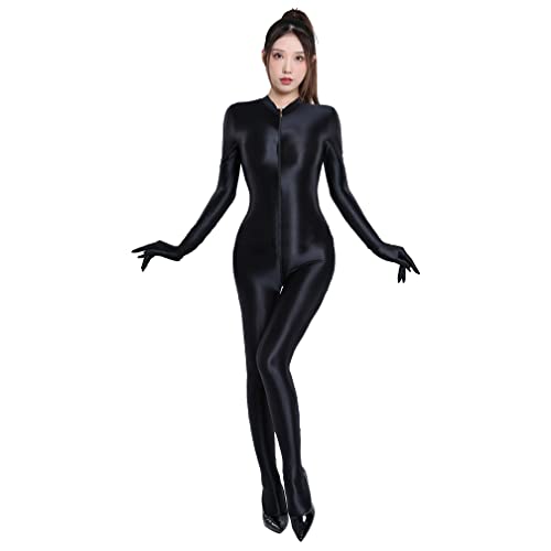 Damen sexy Bodystocking Dessous Offener Schritt Strumpfhose Glänzende Öl Ganzkörper Reizwäsche Durchsichtiges Babydoll Netzsocken Erotik Jumpsuit Dessous (Schwarz,Einheitsgröße) von Jungerhouse