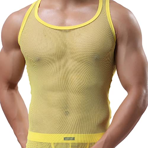 Herren Mesh Transparent Unterhemd Ärmellos Shirt Netzhemd Netzshirt Eisseide Tank Top Muskelshirt Dessous Unterwäsche Clubwear Ringershirt (L,Gelb) von Jungerhouse