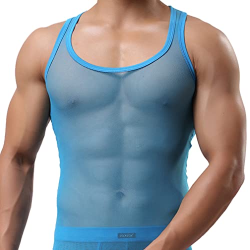 Herren Mesh Transparent Unterhemd Ärmellos Shirt Netzhemd Netzshirt Eisseide Tank Top Muskelshirt Dessous Unterwäsche Clubwear Ringershirt (L,Himmelblau) von Jungerhouse