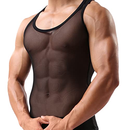 Herren Mesh Transparent Unterhemd Ärmellos Shirt Netzhemd Netzshirt Eisseide Tank Top Muskelshirt Dessous Unterwäsche Clubwear Ringershirt (L,Schwarz) von Jungerhouse