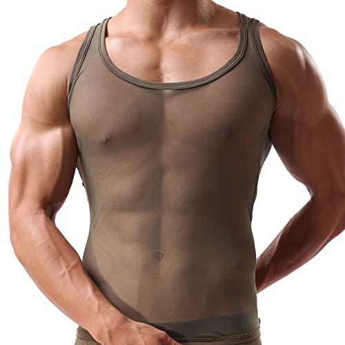 Herren Mesh Transparent Unterhemd Ärmellos Shirt Netzhemd Netzshirt Eisseide Tank Top Muskelshirt Dessous Unterwäsche Clubwear Ringershirt (M,Armeeblau) von Jungerhouse