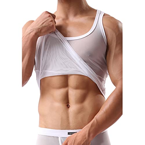 Herren Mesh Transparent Unterhemd Ärmellos Shirt Netzhemd Netzshirt Eisseide Tank Top Muskelshirt Dessous Unterwäsche Clubwear Ringershirt (M,Weiß) von Jungerhouse