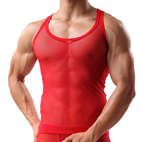 Herren Mesh Transparent Unterhemd Ärmellos Shirt Netzhemd Netzshirt Eisseide Tank Top Muskelshirt Dessous Unterwäsche Clubwear Ringershirt (XL,Rot) von Jungerhouse
