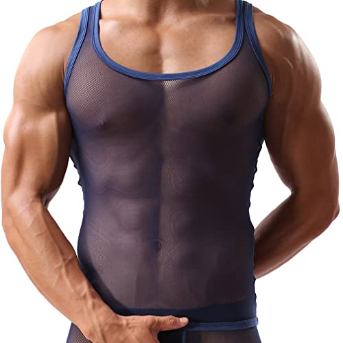 Herren Mesh Transparent Unterhemd Ärmellos Shirt Netzhemd Netzshirt Eisseide Tank Top Muskelshirt Dessous Unterwäsche Clubwear Ringershirt (XL,Saphirblau) von Jungerhouse