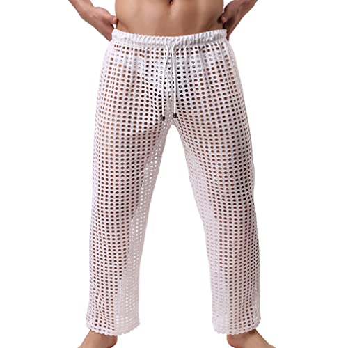 Herren Netz Hose Netz-Leggings Sexy Netzhose Lang Hose Mesh Unterhose Pants Unterwäsche Lange Leggings durchsichtig Reizwäsche Unterwäsche Schlafanzug verstellbare Kordelzughose (L,Weiß) von Jungerhouse