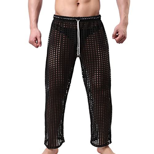 Herren Netz Hose Netz-Leggings Sexy Netzhose Lang Hose Mesh Unterhose Pants Unterwäsche Lange Leggings durchsichtig Reizwäsche Unterwäsche Schlafanzug verstellbare Kordelzughose (M,Schwarz) von Jungerhouse