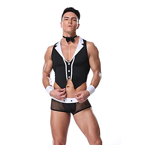 Herren Sexy Dessous Set Unterwäsche Männer Bodysuit Kellner Kostüm Reizwäsche Cosplay Dessous Zubehör Männer Weste Anzug mit Strings Slips Boxershorts Clubwear (Style 20199,Einheitsgröße) von Jungerhouse