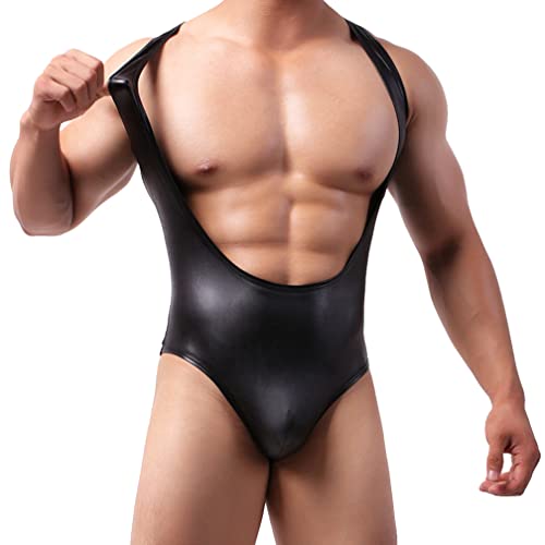 Herren Sexy Mankini Lack Wetlook Bodysuit Einteiler Erotik Dessous Unterwäsche Overall Männer String Tanga Weste Wrestling Unterhemd Leopard Catsuit Ouvert Jumpsuit Nachtwäsche (XXL,Schwarz) von Jungerhouse