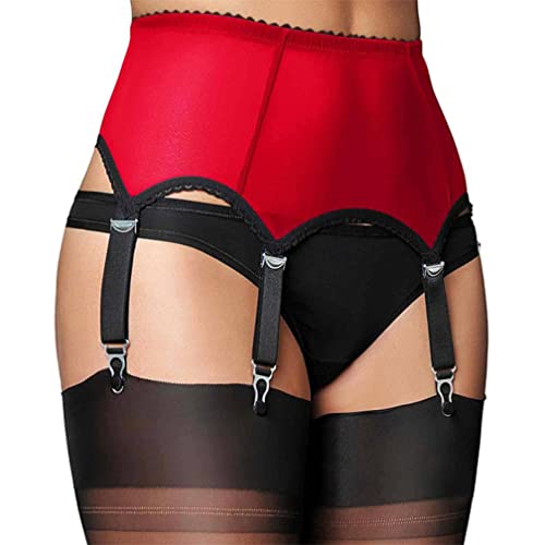 Jungerhouse Damen Strumpfgürtel Belt Spitze Panty Strapsgürtel Strumpfhalter Dessous Oberschenkel-Highs Strumpfband Hipster Haken Unterwäsche Strapshalter Strumpfbänder mit verstellbare Clip (L,Rot) von Jungerhouse