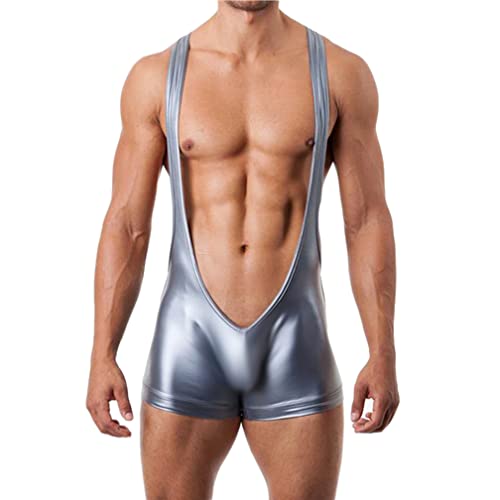 Jungerhouse Herren Body Bodysuit Lack Leder Wrestling Singlet Boxershorts Unterwäsche Stringbody Jumpsuits Bodysuit Pyjamas Reizwäsche Einteiliger Trikot Boxer Dessous Stretch Bodywear (L,Silber) von Jungerhouse