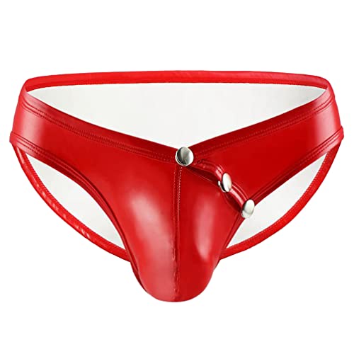 Jungerhouse Herren Ouvert String Tanga Sexy Offen Kunstleder Lack Briefs Unterhose Jockstrap Wetlook G-String High Cut Thong Bikinihose mit Knöpfen Unterwäsche Höschen (L,Rot) von Jungerhouse