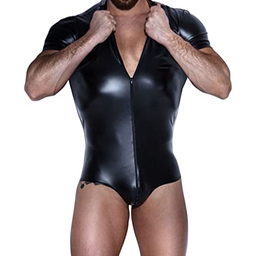 Jungerhouse Herren PVC Body Sexy Männer Leder Wetlook Overall Latex Catsuit Jumpsuit Einteilige Lackleder Bodysuit Lack-Optik Unterhemd Clubwear Hemd Leotard (S,Schwarz) von Jungerhouse