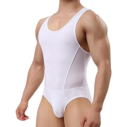 Jungerhouse Herren Wrestling Singlet Einteiler Unterwäsche Kurzarm Strampler Overall Jockstrap Bodysuit Stretchy Eisseide Bodysuit Jockstrap (M,weiß) von Jungerhouse