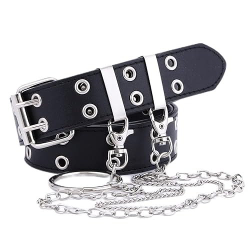 Jungerhouse Nietengürtel Damen Gürtel Doppelloch/Einzelloch Gürtel Leder Gürtel mit Nieten Jeansgürtel Glattleder Hosengürtel in 2 Kette/ 4 Kette (Doppelloch in 2 KETTE,Einheitsgröße) von Jungerhouse