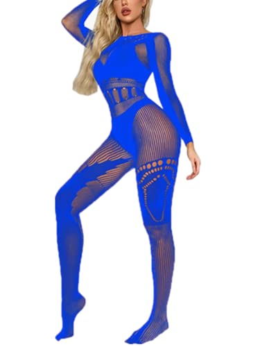 Jungerhouse Sexy Bodystocking Damen Erotisch Dessous Ouvert Body Ganzkörper Strumpfhose Fischnetz Bodysuits Catsuit Overall Jumpsuit Clubwear Babydoll Erotik Nachtwäsche (Einheitsgröße,Blau) von Jungerhouse