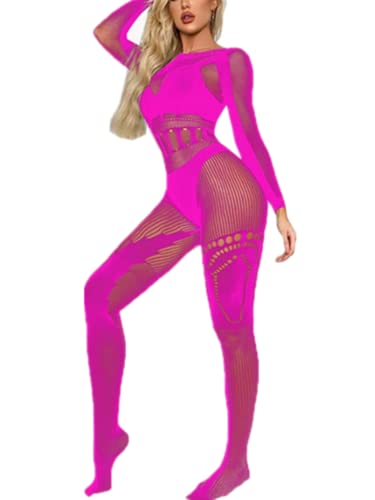 Jungerhouse Sexy Bodystocking Damen Erotisch Dessous Ouvert Body Ganzkörper Strumpfhose Fischnetz Bodysuits Catsuit Overall Jumpsuit Clubwear Babydoll Erotik Nachtwäsche (Einheitsgröße,Hot Pink) von Jungerhouse