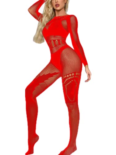 Jungerhouse Sexy Bodystocking Damen Erotisch Dessous Ouvert Body Ganzkörper Strumpfhose Fischnetz Bodysuits Catsuit Overall Jumpsuit Clubwear Babydoll Erotik Nachtwäsche (Einheitsgröße,Rot) von Jungerhouse