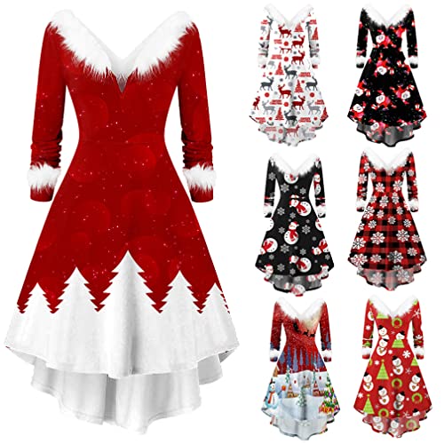 Jungerhouse Weihnachtskleid Damen Weihnachten Kostüm mit Plüsch Party Kleider Damen Samt Kleid Langarm Weihnachtskleider Festkleider Partykleid Weihnachtskleidung Abendkleid Cocktailkleid (L,Style 6) von Jungerhouse