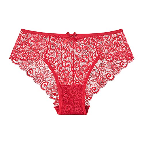 Sexy Damen Atmungsaktiver Stretch Modische Slips Panties Slip Hipster Unterwäsche Tanga String Spitzen Baumwolle Ultra Soft Unterhose Spitze (Rot,XL) von Jungerhouse