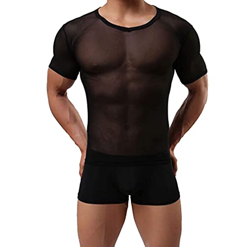 Sexy Herren Dünn Dessous Mesh Atmungsaktiv Transparent Kurzarm T-Shirt Unterhemden Unterwäsche Stretch Hemd Muskel Top Oberteil Clubwear (L,Schwarz) von Jungerhouse