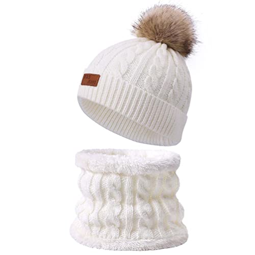 Wintermütze Beanie Hut Schal Set für Baby Kinder Strickmütze Bommelmütze Warm Mütze mit Fleecefutter Rundschal Babymütze für Kinder 3-8 Jahre (Weiß mit 1 Bommel,Einheitsgröße) von Jungerhouse