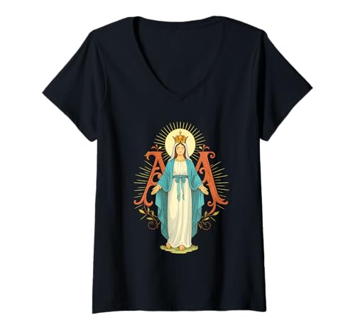Damen Katholische Jungfrau Maria - Heiliger Rosenkranzgebet T-Shirt mit V-Ausschnitt Damen Katholische Jungfrau Maria - Heiliger Rosenkranzgebet T-Shirt mit V-Ausschnitt von Jungfrau Mary Shirts & Co.