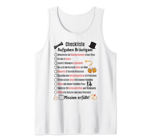 Herren Bräutigam Aufgaben Junggeselle JGA Checkliste Poltern Tank Top Herren Bräutigam Aufgaben Junggeselle JGA Checkliste Poltern Tank Top von Junggesellenabschied Männer Kostüm und Polterabend