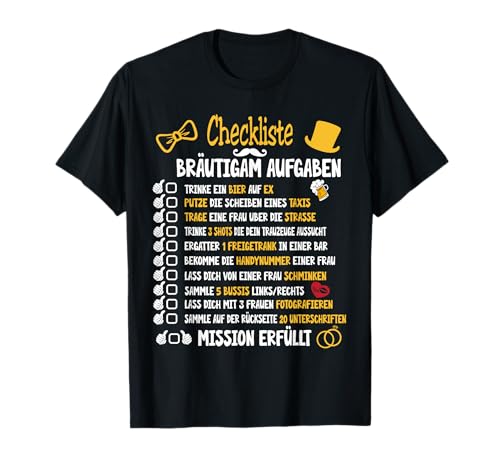 Junggesellenabschied Mann Kostüm & Polter Shirts Bräutigam Aufgaben Poltern JGA Checkliste T-Shirt Schwarz Klein Crew-Ausschnitt Kurzarm Classic Fit T-Shirt für Herren von Junggesellenabschied Mann Kostüm & Polter Shirts