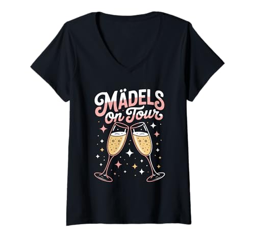 Damen Mädels On Tour Junggesellinnenabschied T-Shirt mit V-Ausschnitt von Junggesellinnenabschied Sekt Spaß Freunde