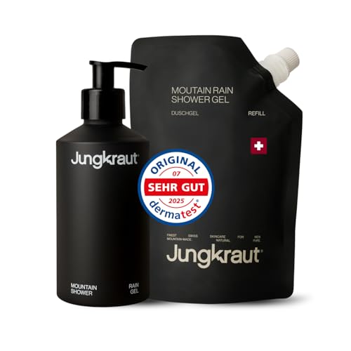JUNGKRAUT Mountain Rain Shower Gel Set 300ml Aluminiumflasche + 600ml Refill, 100% natürliches Duschgel Herren, ph-neutral, vegan, hydrierend, sensitive Haut, swiss made JUNGKRAUT Mountain Rain Shower Gel Set 300ml Aluminiumflasche + 600ml Refill, 100% natürliches Duschgel Herren, ph-neutral, vegan, hydrierend, sensitive Haut, swiss made von Jungkraut