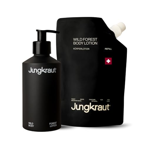 JUNGKRAUT Wild Forest Body Lotion Set 300ml Aluminiumflasche+300ml Refill, natürliche Körperlotion für Männer, nachfüllbare Body lotion Herren, ultraleicht, nicht klebend, Swiss made, vegan JUNGKRAUT Wild Forest Body Lotion Set 300ml Aluminiumflasche+300ml Refill, natürliche Körperlotion für Männer, nachfüllbare Body lotion Herren, ultraleicht, nicht klebend, Swiss made, vegan von Jungkraut