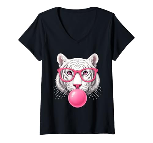 Damen Tigergesicht mit rosa Sonnenbrille Wild Animal Jungle Vibes T-Shirt mit V-Ausschnitt von Jungle Animal Sunglasses Apparel