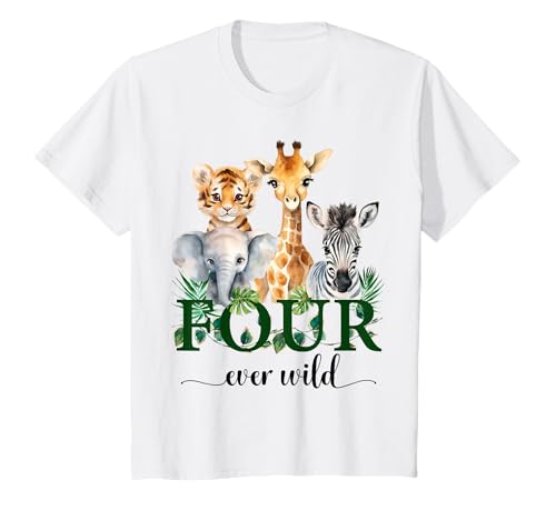 Kinder 4. Tiere auf der Dschungel-Safari-Party zum Geburtstag von Four Ever Wild Zoo T-Shirt von Jungle Birthday Four Ever Wild Zoo Safari 4 Tee