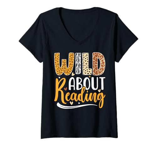 Damen Motiv „Wild About Reading“ mit Tiermotiv für Lehrer T-Shirt mit V-Ausschnitt Damen Motiv „Wild About Reading“ mit Tiermotiv für Lehrer T-Shirt mit V-Ausschnitt von Jungle Bookworm Teaching Co