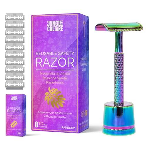 Jungle Culture® Metal Safety Razor with Stand for Women in Rainbow • Reusable Razor & Travel Bag • Fits Double Edge Razor Blades • Single Blade Eco Friendly Ladies Razor for Body & Face • Zero Waste von Jungle Culture