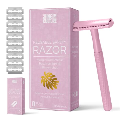 Jungle Culture® Rasierhobel Damen inkl. 10 Klingen • Nassrasierer für Frauen in Pink • Einzelklingen Metall Rasierer für Körper & Gesicht mit eBook Rasierführer • Safety Razor von Jungle Culture