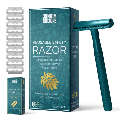 Jungle Culture® Rasierhobel Damen inkl. 10 Klingen • Nassrasierer für Frauen in Türkis (Teal) • Einzelklingen Metall Rasierer für Körper & Gesicht mit eBook Rasierführer • Safety Razor. von Jungle Culture