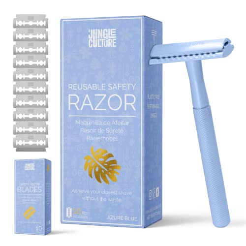 Jungle Culture® Rasierhobel Damen und Herren inkl. 10 Klingen • Nassrasierer für Frauen in Blau • Einzelklingen Metall Rasierer für Körper & Gesicht mit eBook Rasierführer • Safety Razor von Jungle Culture