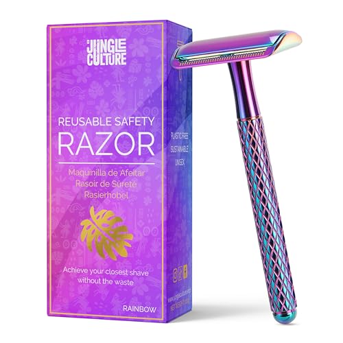 Jungle Culture® Rasierhobel Damen und Herren inkl. 10 Klingen • Nassrasierer für Frauen in Regenbogen • Einzelklingen Metall Rasierer für Körper & Gesicht mit eBook Rasierführer • Safety Razor von Jungle Culture