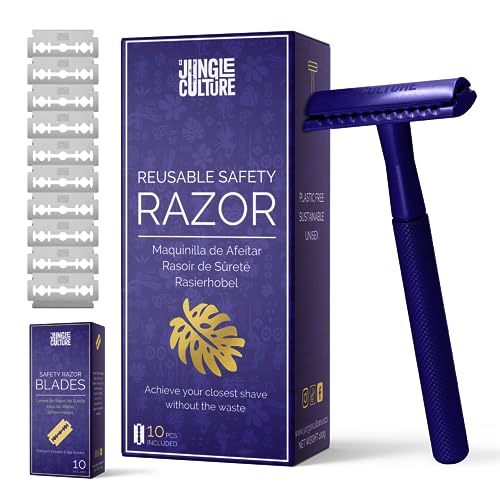 Jungle Culture® Rasierhobel Damen und Herren inkl. 10 Klingen • Nassrasierer für Frauen in Saphir • Einzelklingen Metall Rasierer für Körper & Gesicht mit eBook Rasierführer • Safety Razor. von Jungle Culture