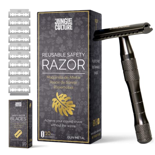 Jungle Culture® Rasierhobel Herren inkl. 10 Klingen • Nassrasierer für Männer in Schwarz • Einzelklingen Metall Rasierer für Körper & Gesicht mit eBook Rasierführer • Safety Razor von Jungle Culture