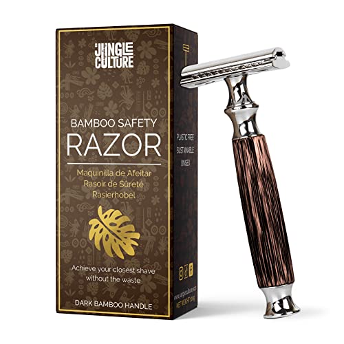 Jungle Culture® Rasierhobel mit Bambusgriff für Damen & Herren • Nassrasierer Sicherheitsrasierer • Plastikfreier Rasierer für Körper & Gesicht mit eBook Rasierführer • Safety Razor (Dunkler Griff) von Jungle Culture