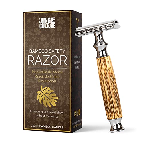 Jungle Culture® Rasierhobel mit Bambusgriff für Damen & Herren • Nassrasierer Sicherheitsrasierer • Plastikfreier Rasierer für Körper & Gesicht mit eBook Rasierführer • Safety Razor (Leichter Griff) von Jungle Culture