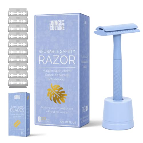 Jungle Culture® Rasierhobel Damen und Herren inkl. 10 Klingen & Rasierständer in Blau • Nassrasierer für Frauen • Einzelklingen Metall Rasierer für Körper Gesicht & eBook Rasierführer • Safety Razor von Jungle Culture