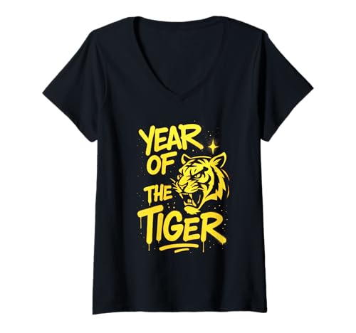 Damen Jahr des Tigers Graffiti Zodiac Design T-Shirt mit V-Ausschnitt von Jungle Street