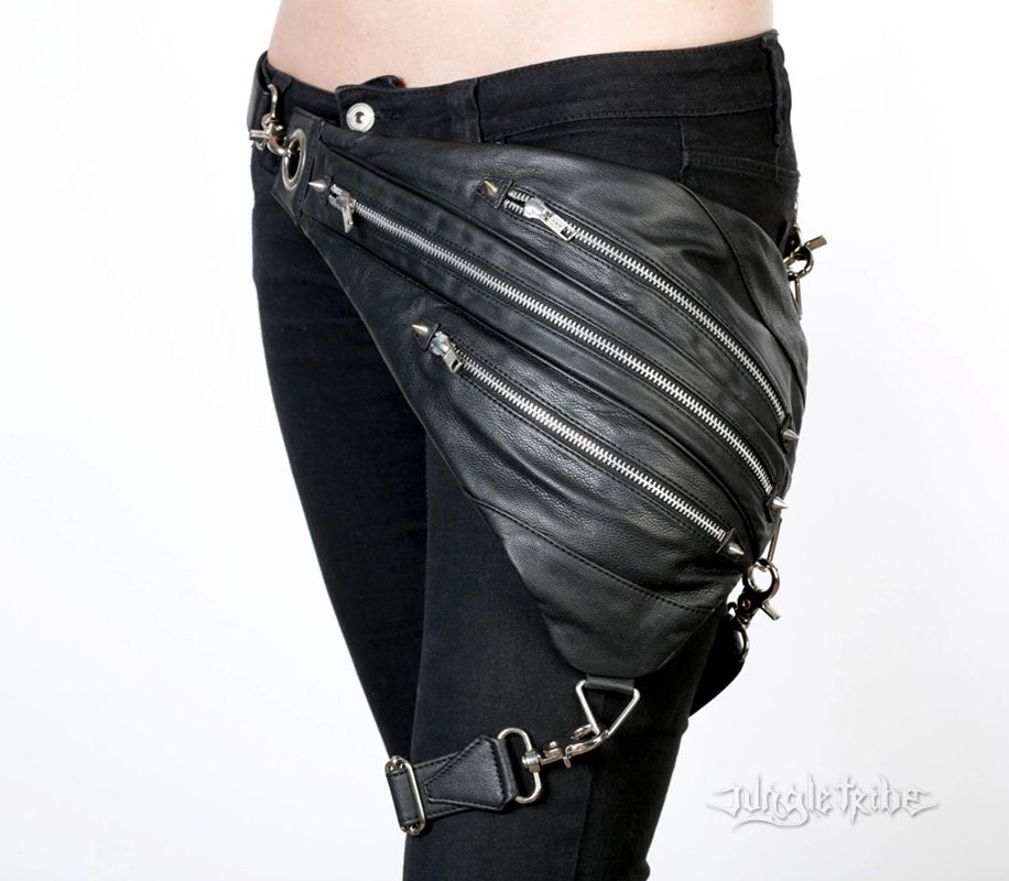 Tri Zipper Schwarz Leder Mit Silber Hardware Rucksack Bauchtasche Und Gürteltasche von JungleTribe