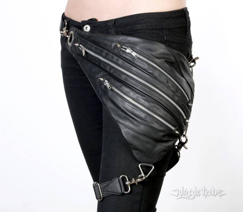 Tri Zipper Schwarz Leder Mit Silber Hardware Rucksack Bauchtasche Und Gürteltasche von JungleTribe