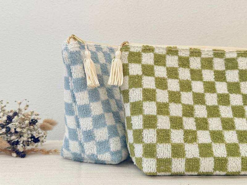 Handgenähter Kosmetikbeutel Schachbrettmuster, Frottee-stoff, Goldener Zipper Und Quaste Handgenähter Kosmetikbeutel Schachbrettmuster, Frottee-stoff, Goldener Zipper Und Quaste von JungspundChalkbags